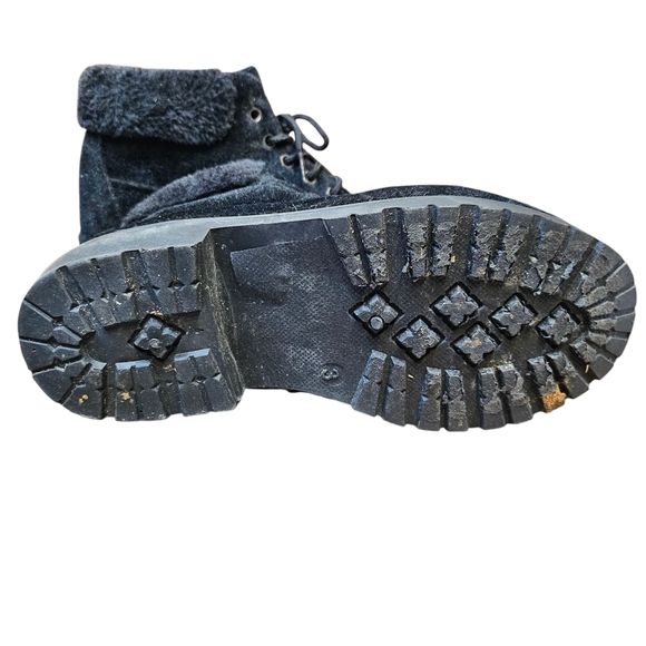 Stylish Black Velvet Girl's Lace Up Combat Boots Faux Fur Tops Size 3 - Picture 5 of 7